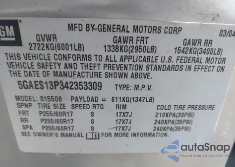 2004 Buick Rainier Cxl z USA, uszkodzony, nr VIN 5GAES13P342353309